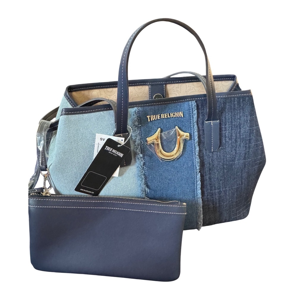 True Religion 2 in 1 handbag Tote Crossbody Three Tone Denim Patchwork NWT